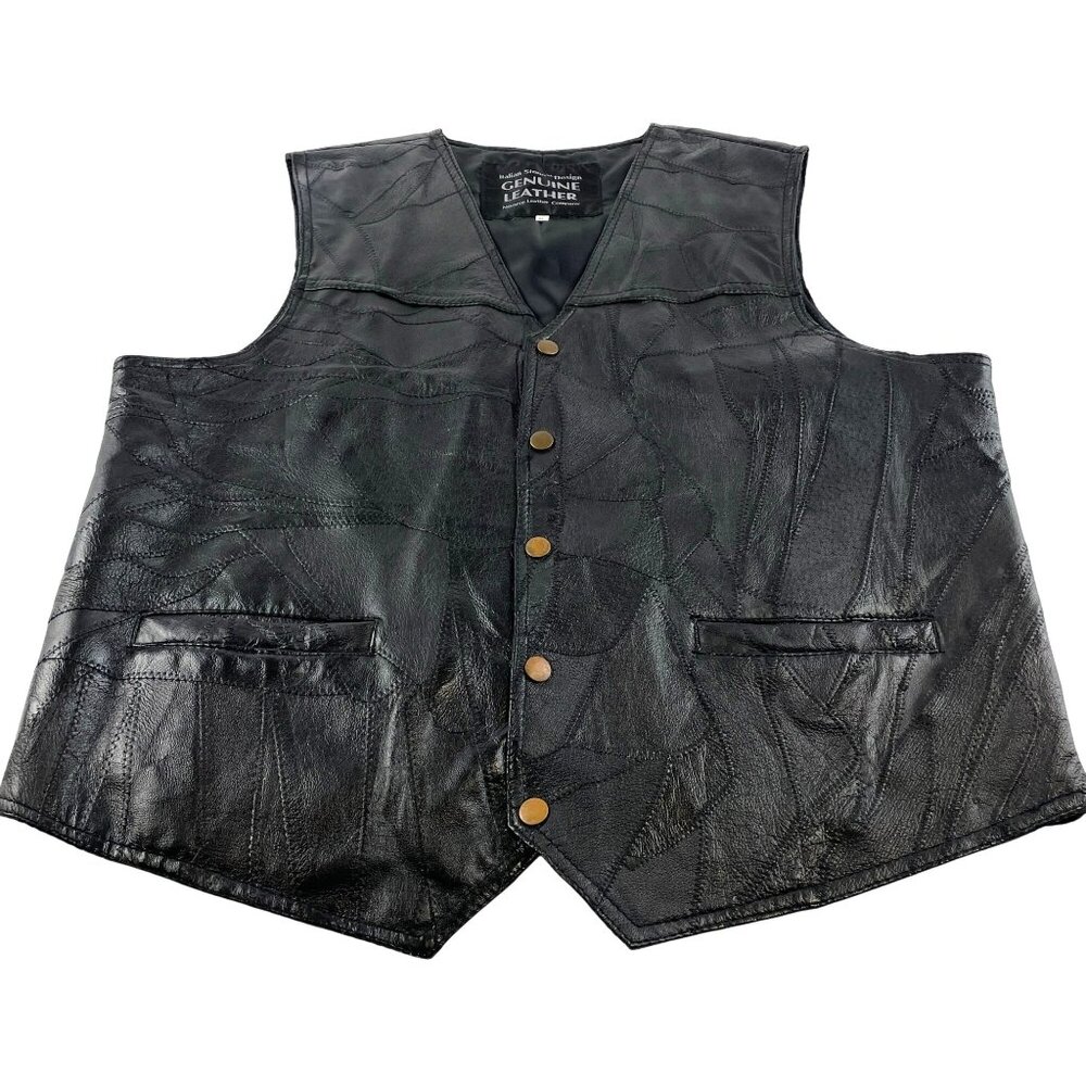 Navarre Leather Italian Stone Design Black Leather Patchwork Vest Biker Sz XL